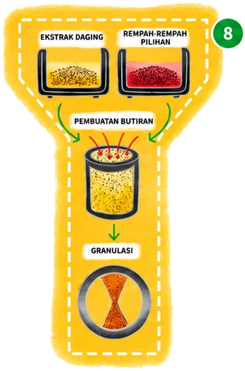 Langkah 8: ekstrak daging dan rempah pilihan dibuat menjadi butiran lalu granulasi